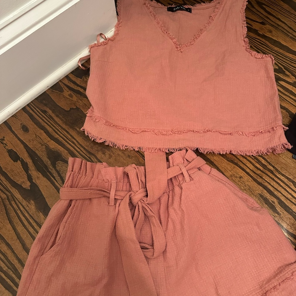 fab'rik Coral Frayed Top and Shorts Set